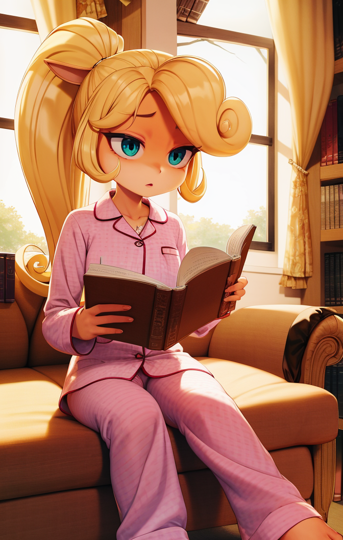 34124-3520494874-highres, detailed, soft lighting, indoors, library, reading a book, fireplace, focused expression, coco bandicoot, 1girl, pajama.png